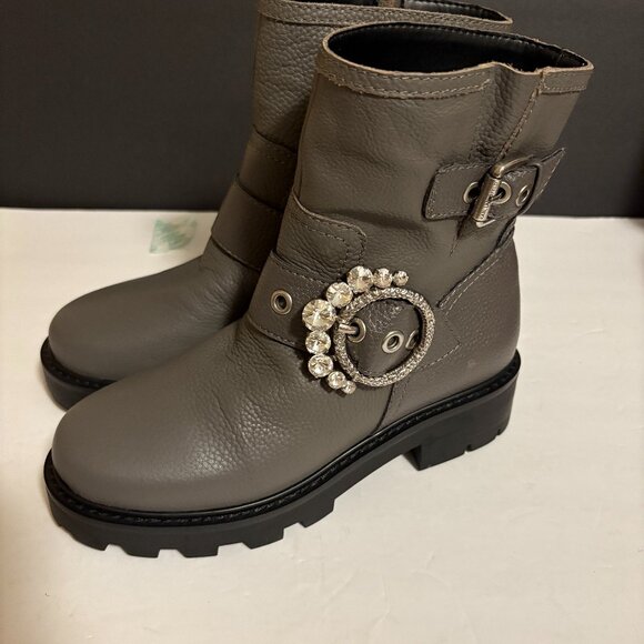 Karl Lagerfeld Gray Leather Marceau Embellished Buckle Boots Women's Sz. 6M NWOB - Picture 1 of 8